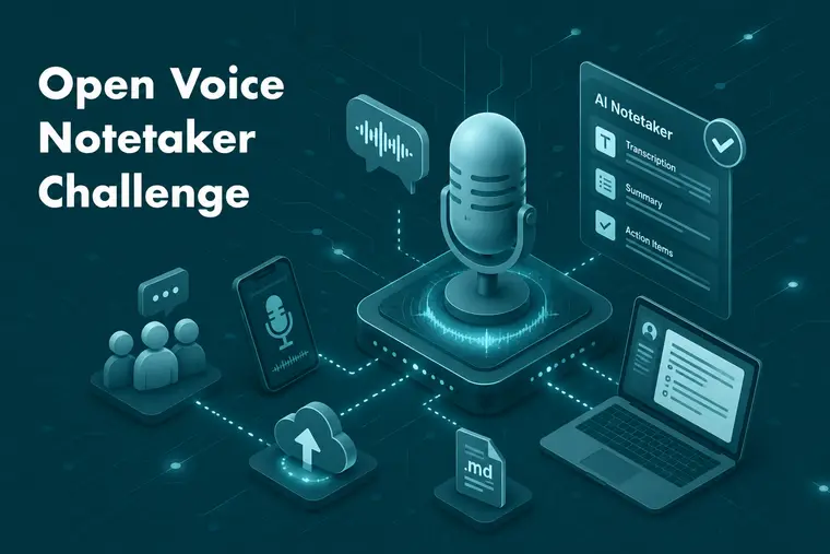 AI voice notetaker concept with a microphone, sound waves, smartphone and laptop transcribing notes