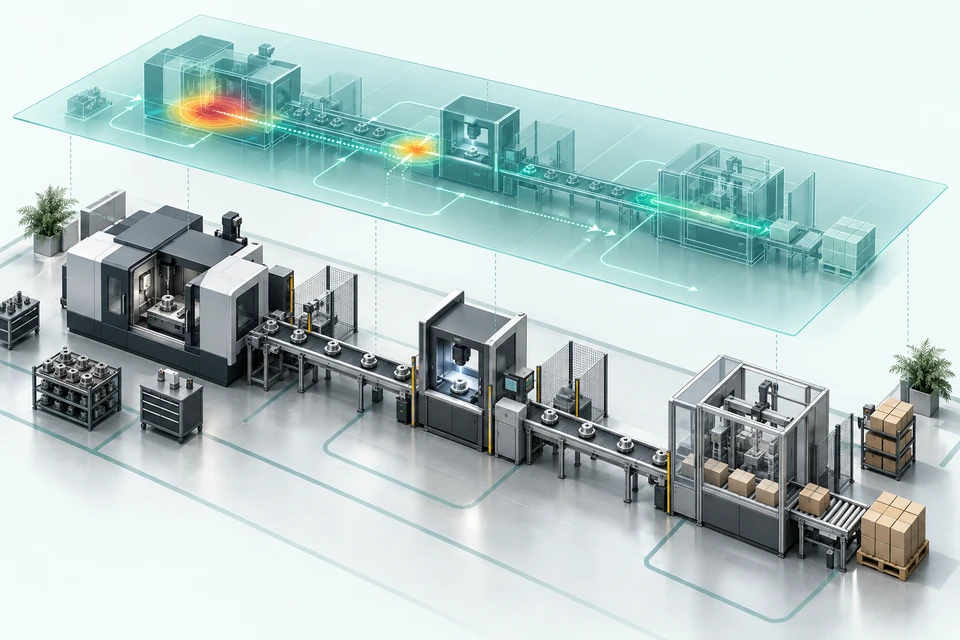 Concept illustration of a production line and its digital model highlighting bottlenecks